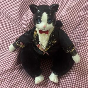 Elegant Black and White Tuxedo Cat Plush with Red Bow Tie